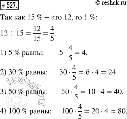Изображение 527. Рассуждаем. 15 % некоторого числа равны 12. Найдите: 5 %, 30 %, 50 %, 100 % этого...