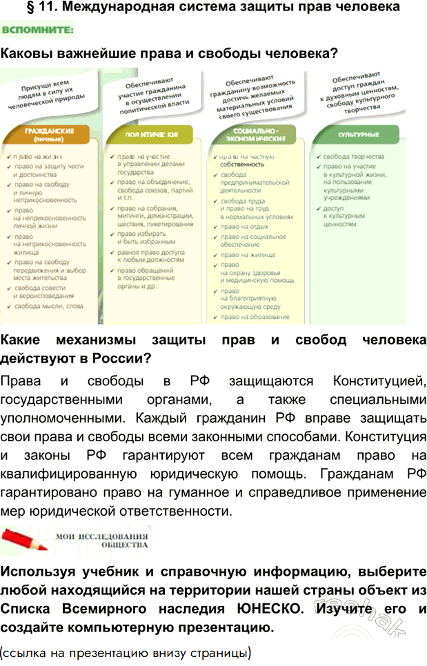 Изображение § 11. Международная система защиты прав человекаКаковы важнейшие права и свободы человека?Какие механизмы защиты прав и свобод человека действуют в России?Права и...
